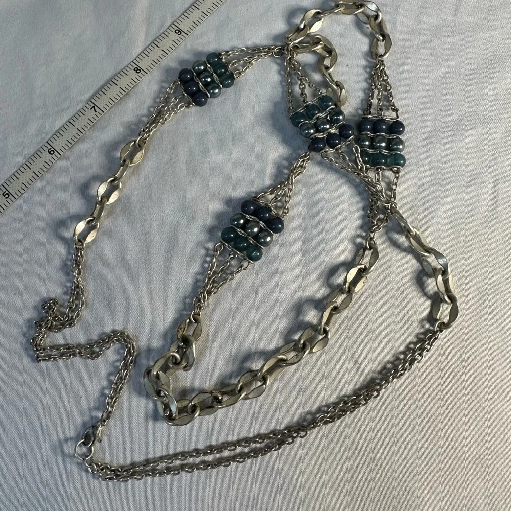 Long industrial chic chain and blue bead station necklace